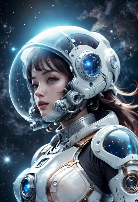 Translucent ethereal mechanical astronaut，Futuristic girl，Mechanical joints，Futuristic space helmet，Futuristic space starry sky background，ModelShoot style, (Extremely detailed CG unified 8K wallpapers), The beauty of abstract stylized portraits,，surrealis...