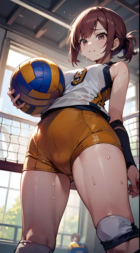 (((masutepiece))), (((Best Quality))), (((ultra-detailliert))), (((hight resolution))), ((superfine illustration)), ((Ultimate cutie)), Detailed beautiful face, Shiny hair, (gyaru), medium breasts, ((potbelly)), (((solo))), female volleyball player, sad, (...