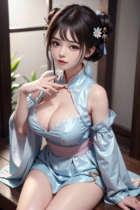 Wet-breasted Hanfu open V-chested clothes, All pictures, Wet body of thin silk fabric, Thin silk lace petticoat,princess 8 yeald old cute, (huge boobs，cleavage),petticoat, white pink, blue ，best qualtiy，tmasterpiece，超高分辨率，（真实感：1.4），RAW photogr，（True skin t...