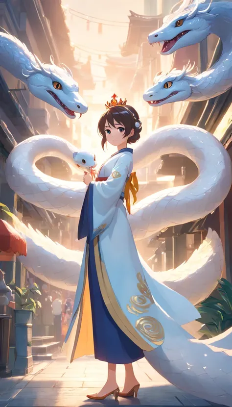 Pixar style super cute anthropomorphic White Snake， wearing hanfu and crystal crown, standing, charming big eyes, lovely tail, standing, surreal, super fine, luxurious, elegant standing, charming big eyes, lovely tail, standing, surreal, super detailed, lu...