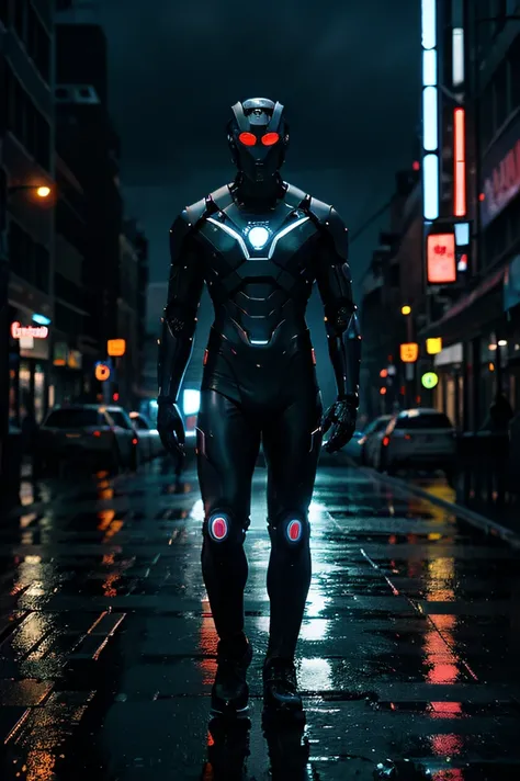 sibernetic man half robot, city, neon, futuristic, night, full body lights, rainy, gloomy day