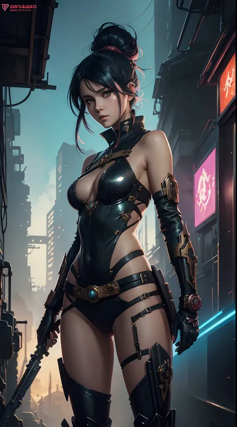 Fantasy girl in cyberpunk world  + anime style + gouache + concept art + anime character + seamless flow + lots of details + in the style of Tom Bagshaw, Tom Bagshaw, Ross Tran, Ian McQue, WLOP, trending on Artstation + Alphonse Mucha, David Normal