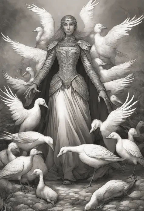 A seven-headed mother goose, in the mythical medieval era, is a striking and fearsome sight. Each of her seven heads is majestically feathered, in shades of white, silver, and gold, reflecting the wisdom and majesty of this mythical creature. Her wings, wh...