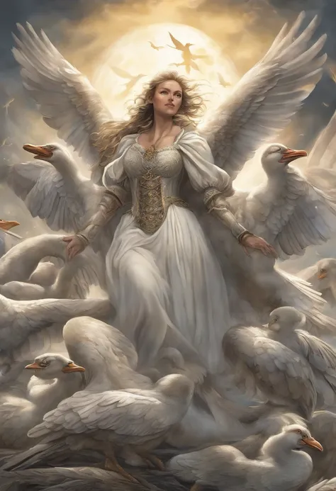 A seven-headed mother goose, in the mythical medieval era, is a striking and fearsome sight. Each of her seven heads is majestically feathered, in shades of white, silver, and gold, reflecting the wisdom and majesty of this mythical creature. Her wings, wh...