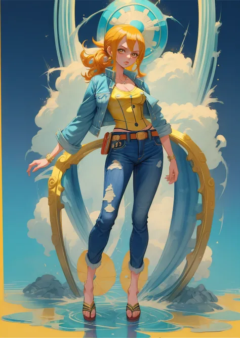 1girl, solo, (masterpiece), best quality, ultra-detailed, Nami from One Piece, Retro style, full body. fashion cloth, jean jacket, fancy.