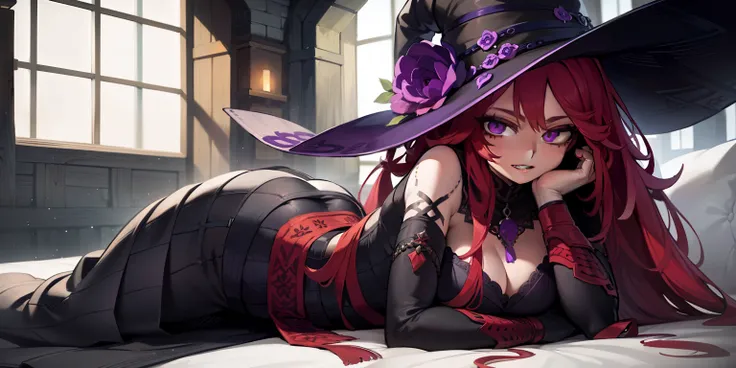 A young girl with red hair and purple eyes, dressed in a dark purple gown, lies on a mattress covered with a sheet in a medieval room. The room is adorned with wallpaper depicting intricate patterns from the medieval era. The girls face is extremely detail...