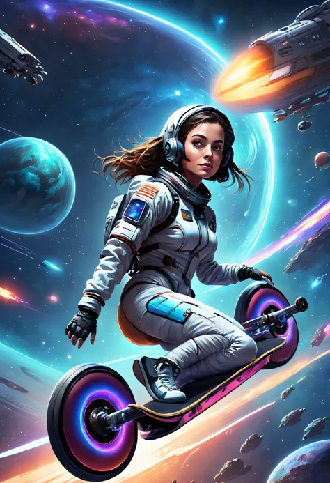 Futuristic female astronaut pedaling skateboard in space，Futuristic tech skateboarding，Beautiful sci-fi art, Science-fi digital art illustration, Digital cyberpunk art, science fiction digital painting, futuristic digital painting, futuristic concept art, ...