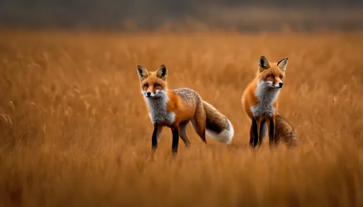 Uma fotografia super realista.Ask you to create a hyper-realistic photographic image that shows 300 foxes with their tails on fire, em um campo no periodo notrumo 300 raposas. He then tied the foxes in pairs by the tail and placed a torch in the middle of ...