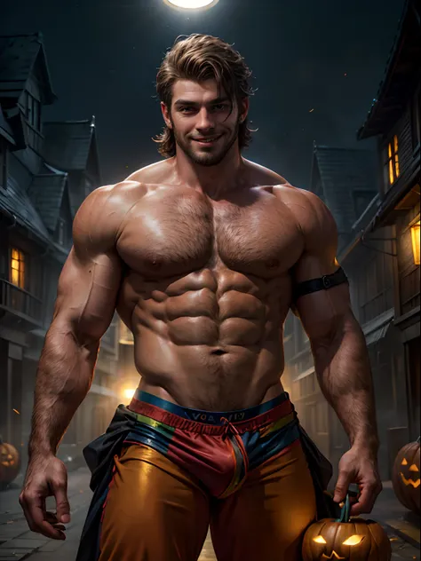 masterpiece, best quality, high resolution, male focus, solo focus, muscular, burly, hairy, male, A handsome man, charming smile, dressed as a halloween clown, beautiful figure painting, bright light, amazing composition, front view, HDR, volumetric lighti...