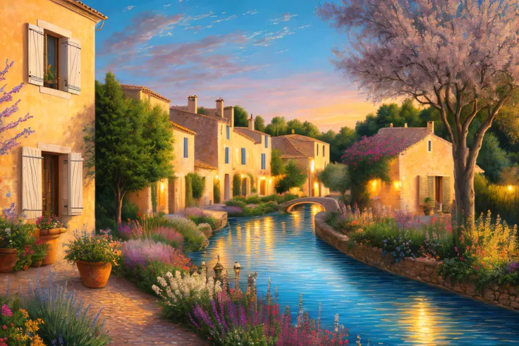 Provencal village, Eau,coucher du soleil,fleurs(Highly detailed CG Unit 8k wallpaper), The most beautiful work of art in the world, Professional majestic oil painting, complexe, High detail, mise au point nette, dramatique, Art of photorealist painting,