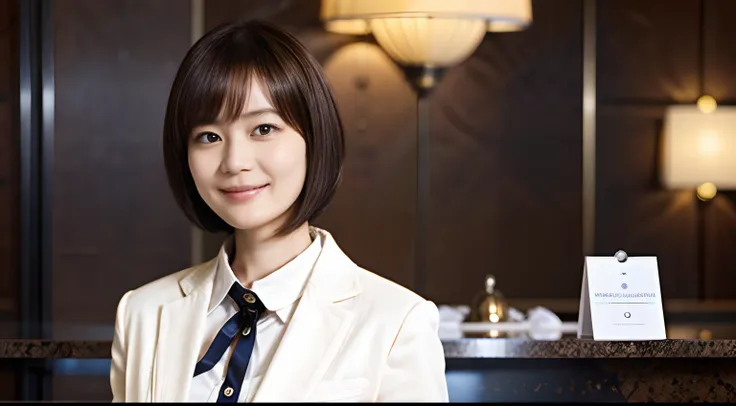 50
(19-year-old woman), (A hyper-realistic), (masutepiece), Short bob cut, Concierge at the hotel reception, kindly smile