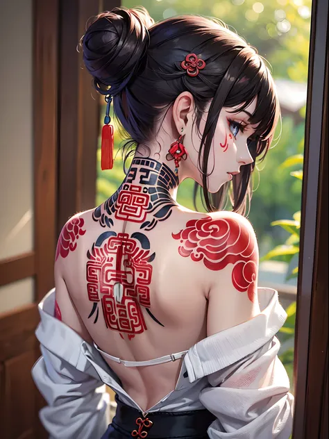 (masterpiece best quality:1.4),1girl, (tattoo of chinese text:1.5), solo, back tattoo, hair flowers, long hair, blue eyes, looking at viewer,back tattoo,tattoo,looking back, from behind, black hair, tassel, bare shoulders, hanfu, chinese clothes,back, bang...