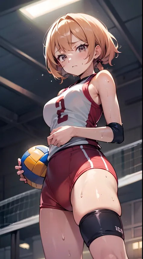 (((masutepiece))), (((Best Quality))), (((ultra-detailliert))), (((hight resolution))), ((superfine illustration)), ((Ultimate cutie)), Detailed beautiful face, Shiny hair, (gyaru), medium breasts, ((potbelly)), (((solo))), female volleyball player, sad, (...