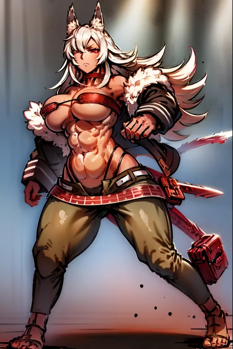 ghislaine dedoldia, animal ears, choker, fur trim, large breasts, abs, muscular woman, white hair, standing, sword holding, fulll body, boots smily , pants, flipflops,standing,warrior