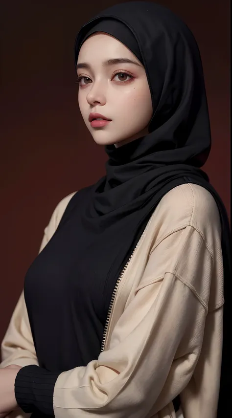 a 20 yo woman,hijab, sweater, dark theme, soothing tones, muted colors, high contrast, (natural skin texture, hyperrealism, soft light, sharp),red background,simple background,