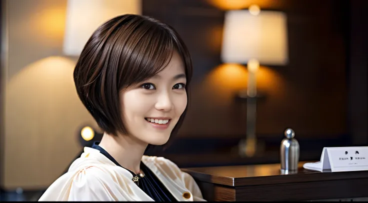 50
(19-year-old woman), (A hyper-realistic), (masutepiece), Short bob cut, Concierge at the hotel reception, kindly smile