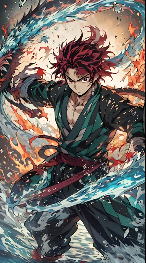 generate a masterpiece featuring a solo anime character with a sword kamado tanjirou in action , swinging sword, fire and water ...