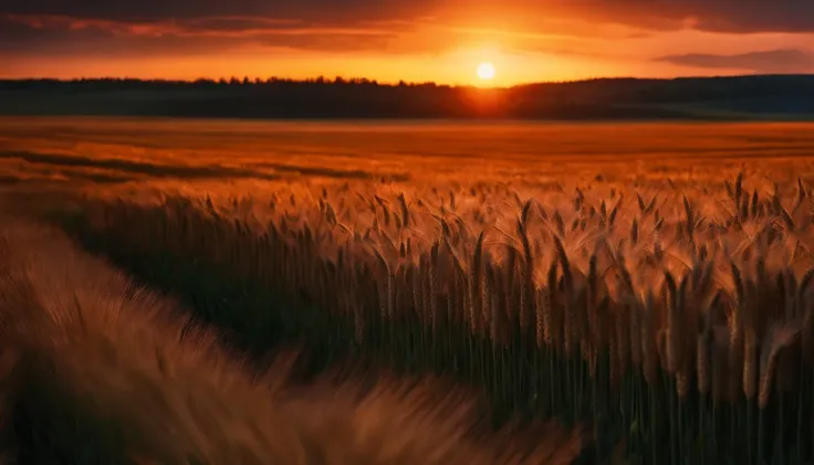 Uma fotografia super realista.Request to create a hyper-realistic photographic image that shows a wheat field on fire at night super detailed and realistic.