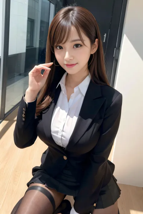 1girl in, Solo, pantyhose, Brown hair, Squatting, Brown eyes, Skirt, Looking at Viewer, pencil skirts, Office Lady, Jacket, Indoors, Long hair, Shirt, Bangs, Black jacket, blush, White shirt, Black skirt, hair between eye, Long sleeves, hands on own face, ...