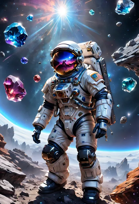 A heavily armed Chinese astronaut fell from the sky，Climb aboard a crystal asteroid，Interstellar，Endless space，ssee-through，depth of fields，((Masterpiece))，(Best quality))，Magnificent space image scene，Beautiful and colorful crystals，surrealism, Super deta...