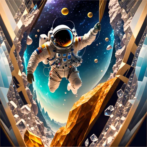 Chinese astronaut fighter，Climb aboard a crystal asteroid，Interstellar，Endless space，A heavily armed warrior fell from the sky，ssee-through，depth of fields，((Masterpiece))，(Best quality))，Magnificent space image scene，Beautiful and colorful crystals，surrea...