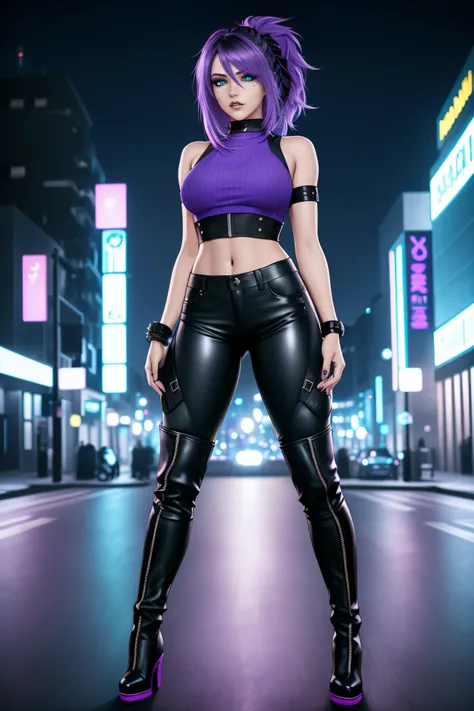 beautiful girl, full body, short bright cyan and purple streaked dishevelled hair, large blue piercing eyes, black eyeshadow, (street style wear:1.2), ((tight fitted pants)), ((knee high leather boots)), (city night background:1.2), dark makeup, digital ar...