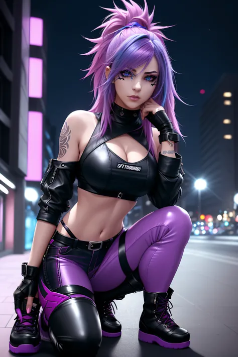 beautiful girl, full body, short bright blue and magenta streaked dishevelled hair, large blue piercing eyes, black eyeshadow, (street style wear:1.2), ((tight fitted pants)), ((knee high leather boots)), (city night background:1.2), dark makeup, digital a...