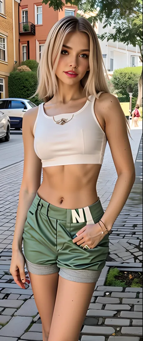 Woman in white top and green shorts standing on a brick road, midriff exposto, Midriff Nu, tinyest midriff ever, Bonito midriff, her navel is exposed, usando um top cropped sexy, cintura fina, usando crop top, cintura fina, physical : tinyest midriff ever