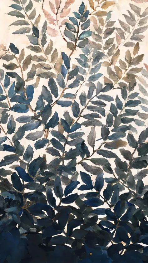 A painting of a tree with blue leaves on a white background, botanic foliage, ramos e folhagens, Frondas, lianas and blue foliage, botanic watercolors, Arte do papel de parede, Folhas, Folhas retorcidas, folhagem emaranhada, tons de azul e cinza, azul dess...