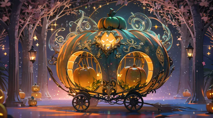 Picture a whimsical pumpkin carriage, levitating above a mesmerizing, starlit forest, with bioluminescent creatures lighting the way, evoking a sense of enchantment and wonder, 3D rendering with a focus on details and intricate design