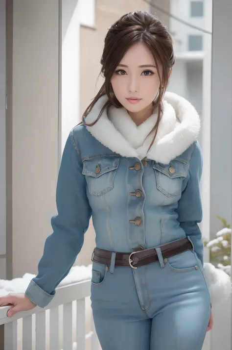 Winters，Snowy landscape，((voluminous coat、Skinny Jeans、a belt))、depth of fields，Real Light，Ray traching，OC Renderer，UE5 Renderer，Hyper-realistic，best qualtiy，8K，Works of masters，super-fine，Detailed pubic hair，Correct anatomy、(Best Quality, 4K, masutepiece:...