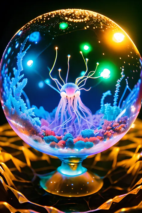 Ultra-realistic, 16K high resolution, (Max Sharp Focus: 1.3), (Max Close-up: 1.5), (Electric jellyfish trapped in a crystal ball with a pedestal on a table: 1.7), (Seaweed forest, ice, coral reef: 1.5),