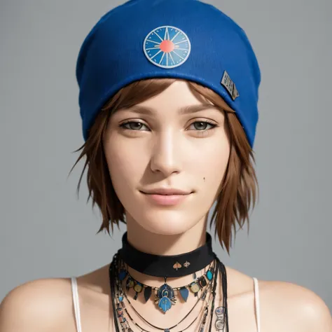 (chloeprice:1.4) masterpiece, best quality, Real photo, (blue short detailed hair:1.2), (detailed brown eyes:1.2), (beautiful detailed face:1.2), happy face, ultra detailed skin, (Black beanie:1.1), choker, white shirt with skull, (one big tatto on left ha...