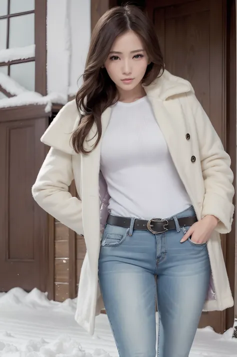 Winters，Snowy landscape，((voluminous coat、Skinny Jeans、a belt))、depth of fields，Real Light，Ray traching，OC Renderer，UE5 Renderer，Hyper-realistic，best qualtiy，8K，Works of masters，super-fine，Correct anatomy、(Best Quality, 4K, masutepiece: 1.3), Beautuful Wom...