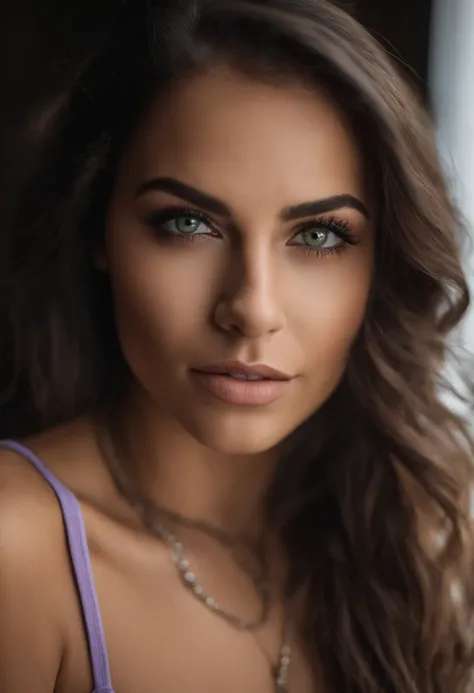 Arafed woman with a white tank top and necklace, Fille sexy aux yeux verts, latina , cheveux bruns et grands yeux, selfie of a young woman, Yeux de chambre, Violet Myers, pas de maquillage, Maquillage naturel, Look directly into the camera, Visage avec Art...