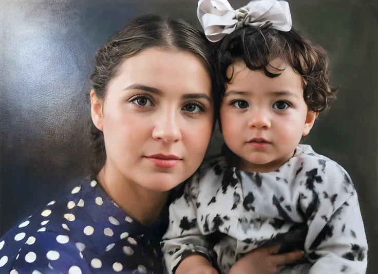 Theres a woman holding a baby with a bow on her head, retrato colorido, foto retrato realista, retrato realista da foto, in a oil painting style, arte digital. foto realista, retrato de alta qualidade, retrato colorido detalhado, uma foto colorida, fotogra...