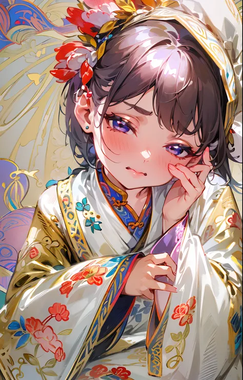 (A cute girl,Sit barefoot,Reveal her delicate feet),Barefoot,Long narrow eyes，A look of disdain,Beautifully designed traditional Chinese costumes,Rich in patterns,Silk fabric,Soft and shiny fabric, Vibrant colors,Floral embroidery and gold thread,flowing s...