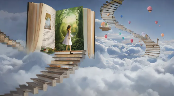 Theres a woman standing on a book with stairs going up, Nas nuvens brancas Fairyland, storybook fantasy, dreamlike surrealism, surreal dreamlike poetics, em nuvens brancas fairyland, storybook realism, surrealismo de fantasia, surreal dreamscape, romantic ...