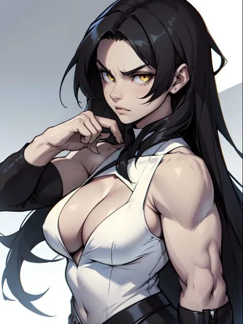 very long hair muscular girl pale skin black hair yellow eyes angry cleavage solo