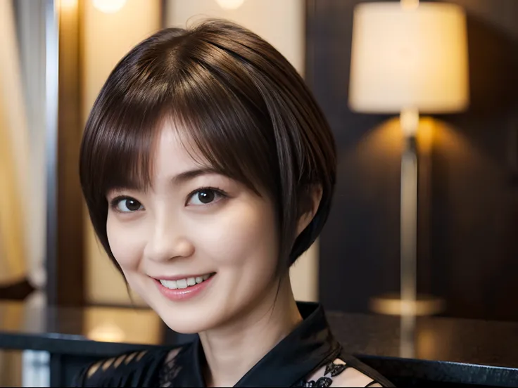 50
(19-year-old woman), (A hyper-realistic), (masutepiece), Short bob cut, Concierge at the hotel reception, kindly smile