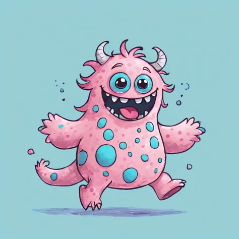 cute monster jumping,  sky blue fur, pink spots,2 arms, 2 legs,tail, drawing, illustration,