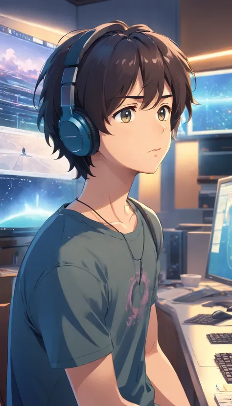 Masterpiece, hiquality, Best Quality, HD, Realistic, perfect  lighting, Detailed body, 1 male, black curly hair, Black T-shirt, serious expression, wearing headphones, open mouth, facing the computer monitor, In the room, Mess in the room, In the room, the...