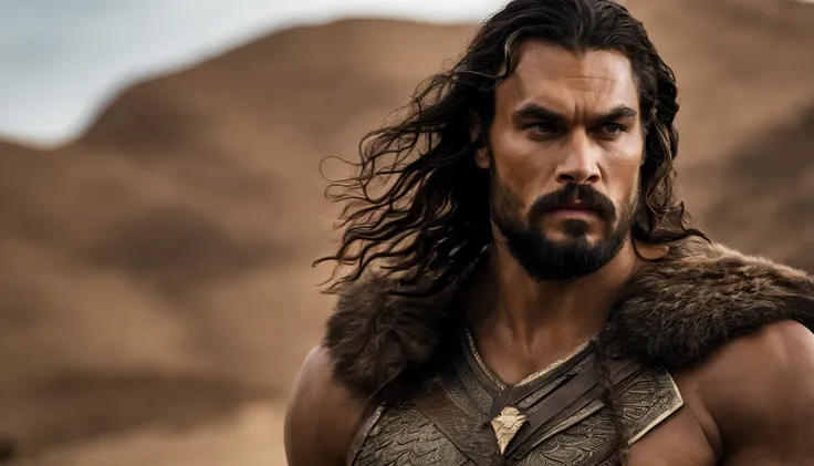 Uma fotografia super realista.request to create a hyper-realistic photographic image that shows only one man (So an arafed man with long hair and beard in a desert area, jason momoa as assyrian, Jason Momoa como Conan, Jereme Momoa como Tarzan, atraente ma...