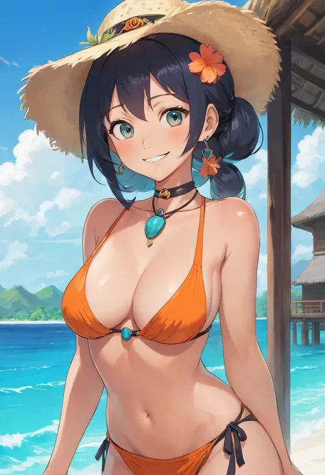 nami from one piece),detailed eyes, perfect eyes,masterpiece,best quality,1girl,female,french twist,happy smile, black hair slicked back, (long hair), blue eyes,huge breasts, sagging breasts, overflowing breasts, voluptuous, thick feminine thighs,(naked br...