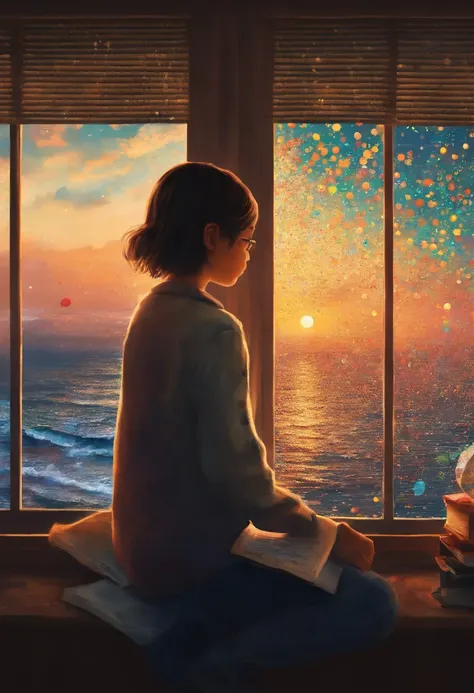 Wallpapers，tmasterpiece，best qualtiy，cinematic Film still from，Boys and girls sit together，Boy doing homework by the window，The girl looked at the starry sky，Looking at the sea in front of you，A full moon，autumnal，beachside，A huge book was outside the wind...