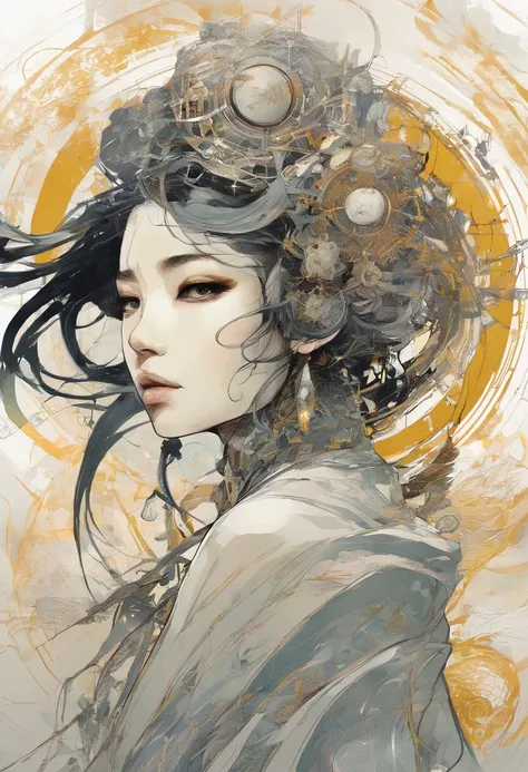 hand drawn sketch illustration of a beautiful SILVER GOLD and BLACK portrait of a very_YOUNG ancient japanese geisha, glowing eyes, long hair, hyperdetailed sad face, intricately kimono, golden ratio, light aura, frosty myst, ANIME MANGA STYLE, highly deta...