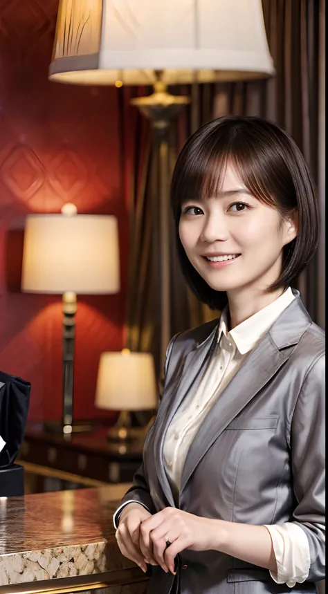 50
(19-year-old woman), (A hyper-realistic), (masutepiece), Short bob cut, Concierge at the hotel reception, kindly smile