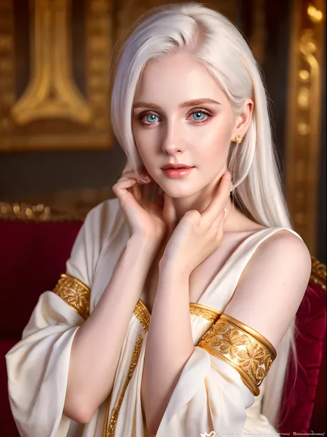 Realistic, photorealistic, ultra detailed ,gentle beautiful 19 years old woman, elven queen, wearing white robes, gold decorations, white hair, extremely pale, extremely white skin, peachy makeup, beautiful detailed face, cute sexy, pleasure, beautiful eye...