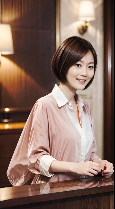 50
(19-year-old woman), (A hyper-realistic), (masutepiece), Short bob cut, Concierge at the hotel reception, kindly smile