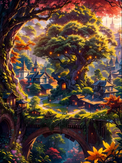 (best quality,4k,8k,highres,masterpiece:1.2),ultra-detailed,(realistic,photorealistic,photo-realistic:1.37),otherworldly city,a city on a tree,a giant world tree with long and big vines,large-sized colorful houses suspended in mid-air by the vines,houses h...